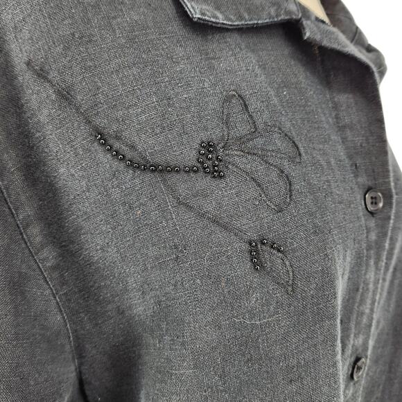 Vintage John Paul Richard Black Linen Embroidered Button-Up Top Sz Medium - Picture 6 of 7